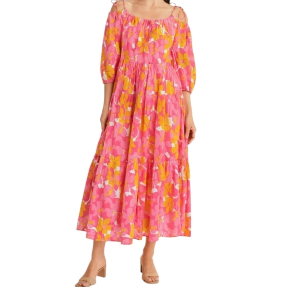 Charlie Paige Pink Floral Tiered Orange Dress India Tiered Small